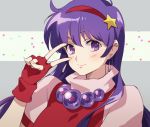  1girl asamiya_athena blush closed_mouth earrings fingerless_gloves gloves hair_ornament hairband jewelry long_hair looking_at_viewer portrait purple_hair red_gloves red_hairband simple_background smile solo star star_hair_ornament star_print taki_(nakochan) the_king_of_fighters v violet_eyes 