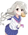  1girl :i bangs black_ribbon blue_sailor_collar blue_skirt blush_stickers brown_eyes closed_mouth eyebrows_visible_through_hair food food_in_mouth grey_hair hair_between_eyes hair_ribbon highres hisakawa_nagi idolmaster idolmaster_cinderella_girls idolmaster_cinderella_girls_starlight_stage long_hair long_sleeves low_twintails mouth_hold neckerchief pink_neckwear pleated_skirt ribbon sailor_collar school_uniform serafuku shirt shiwa_(siwaa0419) simple_background skirt solo toast toast_in_mouth twintails very_long_hair white_background white_shirt 