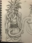  1boy back clenched_hands dragon_ball dragon_ball_gt fingernails fur greyscale hatching_(texture) highres long_hair male_focus monkey_tail monochrome muscle photo signature sketch sketchbook solo son_gokuu spikes spiky_hair standing super_saiyan super_saiyan_4 tail traditional_media wristband yse5959 
