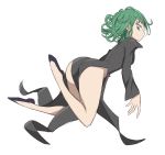  1girl ass bare_legs black_dress black_footwear dress floating full_body green_eyes green_hair highres long_sleeves looking_at_viewer looking_back one-punch_man pelvic_curtain runningpigeon73 shoes short_hair side_slit simple_background solo tatsumaki thighs white_background 