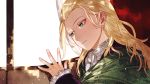  1boy ascot blonde_hair fate/grand_order fate_(series) green_eyes hair_slicked_back long_hair male_focus shawl sindri solo wavy_hair wolfgang_amadeus_mozart_(fate/grand_order) younger 