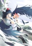  1girl black_hair black_legwear black_neckwear black_skirt black_wings chinese_commentary clouds commentary fan feathered_wings feet_out_of_frame flying hat highres holding holding_fan kuma-ra leaf_fan looking_at_viewer miniskirt mountainous_horizon neck_ribbon outdoors playing_with_own_hair pom_pom_(clothes) red_eyes red_headwear ribbon shameimaru_aya shirt short_hair short_sleeves skirt solo thigh-highs tokin_hat touhou white_shirt wind wings 