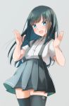  1girl asashio_(kantai_collection) black_hair black_legwear blue_eyes blush comah cowboy_shot eyebrows_visible_through_hair grey_background grey_skirt hands_up kantai_collection long_hair open_mouth pleated_skirt shirt short_sleeves simple_background skirt smile solo suspender_skirt suspenders thigh-highs white_shirt 