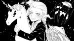  1boy antonio_salieri_(fate/grand_order) blush bow child claws fate/grand_order fate_(series) greyscale hair_bow long_hair looking_at_viewer monochrome ponytail sindri solo_focus stuffed_animal stuffed_horse stuffed_toy unicorn wolfgang_amadeus_mozart_(fate/grand_order) younger 