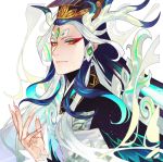  1boy androgynous antlers black_hair chinese_clothes eyeshadow fate/grand_order fate_(series) fingernails forehead_jewel long_fingernails long_hair makeup male_focus mian_guan multicolored_hair qin_shi_huang_(fate/grand_order) red_eyes red_eyeshadow sidelocks sindri solo two-tone_hair very_long_hair white_hair 