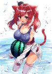 1girl animal_ears azur_lane blush breasts cat_ears cat_tail eyebrows_visible_through_hair food fruit hair_ornament highres honoka_chiffon i-19_(azur_lane) large_breasts long_hair looking_at_viewer one-piece_swimsuit open_mouth redhead school_swimsuit sleeves_past_wrists smile solo swimsuit tail thigh-highs twintails wading watermelon 