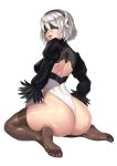  1girl absurdres ass back back_cutout black_blindfold black_legwear blindfold breasts feet from_behind hairband highres karmiel leotard looking_back medium_breasts mole mole_under_mouth nier_(series) nier_automata no_shoes parted_lips short_hair silver_hair solo thigh-highs thong_leotard white_background yorha_no._2_type_b 