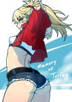  1girl arms_behind_head arms_up ass back bandeau bangs blonde_hair blue_background blue_shorts breasts cutoffs denim denim_shorts fate/apocrypha fate_(series) green_eyes grin highres jacket long_hair long_sleeves looking_at_viewer mordred_(fate) mordred_(fate)_(all) open_clothes open_jacket ponytail red_jacket rico_(maikubakaa) scrunchie short_shorts shorts sidelocks small_breasts smile solo stretch thighs two-tone_background white_background 