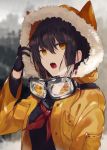  1girl animal_hood black_hair black_sailor_collar black_serafuku ear_piercing fang fur-trimmed_jacket fur_trim gloves goggles goggles_around_neck hood jacket kazutake_hazano orange_eyes original piercing red_neckwear sailor_collar school_uniform serafuku yellow_jacket 