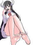  1girl absurdres angry barefoot black_cape black_eyes black_hair black_mask blush buyange cape grey_hair highres horns legs long_hair long_legs looking_at_viewer mask mouth_mask multicolored_hair one_piece red_neckwear shirt simple_background solo toes two-tone_hair ulti_(one_piece) white_background white_shirt 