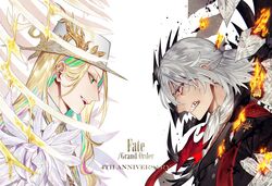  2boys antonio_salieri_(fate/grand_order) blonde_hair burning dagger fate/grand_order fate_(series) green_eyes grey_hair half_updo hat long_hair male_focus multiple_boys opposing_sides profile red_eyes sheet_music sindri weapon wolfgang_amadeus_mozart_(fate/grand_order) 