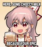  1girl :d bangs beige_background bow chibi chinese_commentary chocolate_milk commentary cup drinking_glass english_text engrish_text eyebrows_visible_through_hair fujiwara_no_mokou hair_between_eyes hair_bow holding holding_cup long_hair looking_at_viewer meme open_mouth pink_hair pointing pointing_at_viewer ranguage red_eyes shangguan_feiying shirt sidelocks smile solo suspenders touhou typo upper_body white_bow white_shirt 