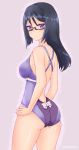  1girl absurdres alice_gear_aegis ass black-framed_eyewear black_hair breasts casual_one-piece_swimsuit commentary_request cowboy_shot glasses hands_on_hips highres long_hair momoshina_fumika one-piece_swimsuit purple_background purple_swimsuit rasen_manga sideboob simple_background solo swimsuit violet_eyes 
