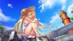  1girl ag-2c_sirene bangs bikini blonde_hair blue_sky blush breasts cannon casual dandelion day dress flower full_body hat highres last_origin long_hair looking_at_viewer medium_breasts outdoors paintale red_eyes sky solo straw_hat sun_hat sundress swimsuit tree very_long_hair wallpaper white_dress white_swimsuit 