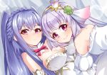  2girls blue_hair bow bowtie braid breasts cardamine_lyrata_(flower_knight_girl) closed_mouth crown crown_braid detached_collar ennishi expressionless flower_knight_girl hair_intakes highres large_breasts light_particles long_hair looking_at_viewer mini_crown multiple_girls nemunoki_(flower_knight_girl) pink_bow pink_eyes puffy_sleeves silver_hair smile upper_body 