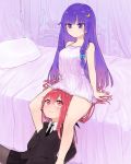  13o 2girls bat_wings between_legs between_thighs blue_ribbon blush bow breasts crescent crescent_hair_ornament dress frilled_dress frills hair_ornament hat head_wings highres koakuma lingerie long_hair mob_cap multiple_girls negligee patchouli_knowledge purple_hair red_eyes red_ribbon redhead ribbon striped striped_dress touhou underwear very_long_hair violet_eyes wings 