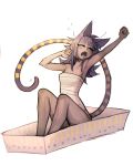  1girl absurdres animal_ears bandages bangs blunt_bangs breasts cat_ears closed_eyes commentary dark_skin english_commentary fangs ghastet highres long_hair matilda_fiship medium_breasts open_mouth original outstretched_arm simple_background sitting solo stretch striped_tail tail waking_up white_background yawning 