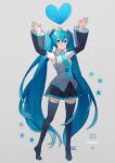  1girl :3 ahoge armpits arms_up bangs black_footwear black_skirt black_sleeves blue_eyes blue_hair blue_neckwear blush boots closed_mouth collared_shirt commentary detached_sleeves english_commentary full_body grey_background grey_shirt hatsune_miku heart highres long_hair long_sleeves looking_at_viewer miniskirt necktie pleated_skirt shirt simple_background skirt smile solo sparkle standing star thigh-highs thigh_boots twintails typo very_long_hair vocaloid yayako_(804907150) zettai_ryouiki 