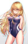  +_+ 1girl alternate_costume artist_name bare_shoulders blonde_hair blue_swimsuit blush breasts collarbone commentary competition_swimsuit eyebrows_visible_through_hair hair_between_eyes highres kaptivate large_breasts long_hair looking_at_viewer one-piece_swimsuit shokuhou_misaki smile solo swimsuit symbol-shaped_pupils to_aru_kagaku_no_railgun to_aru_majutsu_no_index 