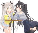  2girls bangs bare_shoulders black_hair black_legwear black_ribbon black_skirt blush brown_eyes bubble_tea closed_mouth collarbone commentary_request cup disposable_cup drinking_straw eyebrows_visible_through_hair grey_hair grey_shirt hair_ribbon hayashi_kewi holding holding_cup leaning_forward long_hair long_sleeves looking_at_viewer looking_to_the_side midriff multiple_girls off-shoulder_shirt off_shoulder original pleated_skirt ribbon shirt short_shorts shorts shoulder_cutout simple_background skirt smile striped striped_shorts table thigh-highs two_side_up vertical-striped_shorts vertical_stripes very_long_hair white_background white_shorts yellow_eyes yellow_shirt 