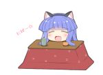  1girl :d ^_^ animal_ear_fluff animal_ears bangs black_hairband blue_hair blush cat_ears chibi closed_eyes cup eyebrows_visible_through_hair facing_viewer fake_animal_ears food fruit furude_rika gaou hairband higurashi_no_naku_koro_ni kotatsu mandarin_orange nipa~ open_mouth simple_background smile solo star steam table translated white_background yunomi 