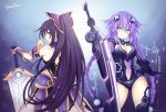  2girls akane_rose blue_eyes braid breasts creator_connection crossover date_a_live highres holding holding_sword holding_weapon long_hair looking_at_viewer medium_breasts multiple_girls neptune_(series) purple_hair purple_heart ribbon sword twin_braids twintails very_long_hair violet_eyes weapon yatogami_tooka 