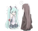  2girls ? aqua_eyes aqua_hair aqua_neckwear arms_behind_back bare_shoulders black_skirt black_sleeves blush brown_hair brown_jacket detached_sleeves flower grey_shirt hair_ornament hands_in_pockets hatsune_miku holding holding_flower jacket long_hair looking_at_another looking_away master_(vocaloid) multiple_girls necktie nejikyuu shirt shoulder_tattoo skirt sleeveless sleeveless_shirt smile spoken_question_mark tattoo thigh-highs twintails upper_body very_long_hair vocaloid white_background zettai_ryouiki 