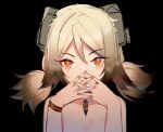  1girl arknights bangs black_background blonde_hair eyebrows_visible_through_hair flat_chest hair_between_eyes hands_up horns ifrit_(arknights) long_hair looking_at_viewer low_twintails lyk_wuyan nail_polish nude open_mouth orange_eyes orange_nails simple_background solo twintails upper_body 