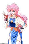  1990s_(style) 1994 blue_eyes bracelet copyright copyright_name cowboy_shot dated highres jewelry long_hair megami_paradise official_art open_mouth pendant pink_hair rurubell short_sleeves simple_background thigh-highs v white_background white_legwear yoshizane_akihiro 