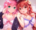  2girls :d amedamacon bangs bare_arms bare_shoulders bed_sheet black_jacket blush breasts brown_eyes brown_hair chiyoda_momo closed_mouth collarbone commentary curled_horns demon_horns eyebrows_visible_through_hair frilled_camisole frills green_eyes hair_between_eyes hair_ornament hairclip highres holding_hands horns interlocked_fingers jacket long_hair long_sleeves looking_at_viewer lying machikado_mazoku medium_breasts multiple_girls off_shoulder on_back open_clothes open_jacket open_mouth pink_hair small_breasts smile upper_body very_long_hair white_camisole yoshida_yuuko_(machikado_mazoku) 
