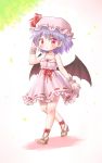  1girl ankle_strap arinu arm_up bat_wings brooch collarbone commentary_request dress earrings eyebrows_visible_through_hair full_body hat high_heels highres jewelry lavender_hair looking_at_viewer mob_cap partial_commentary pink_dress red_eyes remilia_scarlet sandals sash solo spaghetti_strap standing strappy_heels touhou wings wrist_cuffs 