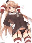  1girl amatsukaze_(kantai_collection) amatsukaze_(kantai_collection)_(cosplay) ass_visible_through_thighs black_panties blush breasts brown_dress brown_eyes commentary_request cosplay cowboy_shot dress garter_straps hair_tubes hat heart highres johnston_(kantai_collection) kantai_collection light_brown_hair long_hair look-alike looking_at_viewer medium_breasts mini_hat open_mouth panties pantyshot pantyshot_(standing) red_legwear sailor_dress short_dress simple_background smile solo spoken_heart standing takase_muu thigh-highs thighs twitter_username two_side_up underwear white_background windsock 