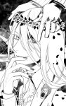  1boy bangs fate/grand_order fate_(series) greyscale hair_down head_wreath long_hair looking_at_viewer looking_to_the_side male_focus monochrome nail_polish peacock_feathers sindri smile solo_focus wolfgang_amadeus_mozart_(fate/grand_order) 