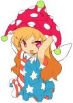  1girl american_flag_dress arms_up blonde_hair clownpiece commentary_request cropped_legs fairy_wings fang hat ini_(inunabe00) jester_cap long_hair looking_at_viewer neck_ruff open_mouth pink_eyes redhead short_sleeves simple_background smile solo touhou upper_body white_background wings 