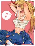  1girl adjusting_hair armpits arms_up blonde_hair blood bloody_clothes breasts chain commentary_request eighth_note highres horn hoshiguma_yuugi indian_style looking_at_viewer mito_(mo96g) musical_note navel ponytail red_background red_eyes sarashi sitting solo spoken_musical_note tabi touhou 
