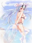  1girl bare_shoulders beach bikini black_horns blue_sky blush clouds day eyebrows_visible_through_hair fate/grand_order fate_(series) frown halterneck hat hat_ribbon highres holding holding_innertube horns_through_headwear innertube long_hair looking_at_viewer looking_back ocean oni_horns red_eyes red_ribbon ribbon silver_hair sky solo sun_hat swimsuit thigh-highs tomoe_gozen_(fate/grand_order) very_long_hair white_bikini white_headwear white_legwear yahan_(mctr5253) 