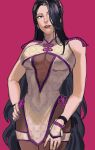  1girl absurdres black_hair bodystocking breasts china_dress chinese_clothes dress hair_over_one_eye hanny_(uirusu_chan) highres large_breasts lips long_hair luong no_bra nose parted_lips pink_background purple_lips see-through solo standing the_king_of_fighters the_king_of_fighters_xv very_long_hair violet_eyes 