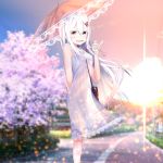  1girl artist_request bangs blurry blurry_background blush breasts butterfly_hair_ornament commentary dress echidna_(re:zero) from_side hair_between_eyes hair_ornament hairclip highres long_hair looking_at_viewer medium_breasts outdoors re:zero_kara_hajimeru_isekai_seikatsu see-through silver_hair smile solo sunlight sunset very_long_hair 