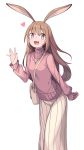  1girl :d animal_ears bag bangs blush breasts brown_hair bunny_girl casual eyebrows_visible_through_hair handbag jewelry leaning_forward long_hair long_skirt long_sleeves looking_at_viewer necklace open_mouth original pink_sweater pleated_skirt rabbit_ears ribbed_sweater saiste shoulder_bag skirt sleeves_past_wrists small_breasts smile sweater turtleneck turtleneck_sweater violet_eyes waving white_background white_skirt 