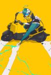  1girl akira akira_slide aqua_eyes aqua_hair aqua_legwear black_gloves gloves hair_over_one_eye highres original pale_skin short_hair simple_background solo tinted_eyewear ub1mo wide_sleeves yellow_background 