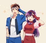  1boy 1girl :d asamiya_athena brown_eyes brown_hair collarbone earrings fingerless_gloves gloves hairband jewelry long_hair one_eye_closed open_mouth purple_hair red_hairband short_hair simple_background smile taki_(nakochan) the_king_of_fighters upper_body violet_eyes yabuki_shingo 