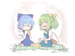  2girls :d ^_^ ascot asutora bangs blue_bow blue_dress blue_hair blush bow chibi cirno closed_eyes commentary_request cup daiyousei dress fairy_wings food green_hair hair_between_eyes hair_bow hair_ribbon hands_up holding holding_cup holding_food ice ice_wings multiple_girls one_side_up open_mouth picnic_basket pinafore_dress puffy_short_sleeves puffy_sleeves ribbon sandwich shirt short_hair short_sleeves sidelocks smile touhou white_shirt wings yellow_neckwear yellow_ribbon 