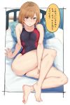  1girl alp barefoot bed black_swimsuit blue_eyes brown_hair commentary_request competition_swimsuit feet full_body highres looking_at_viewer miyamori_aoi one-piece_swimsuit pillow shirobako short_hair sitting solo swimsuit translation_request 