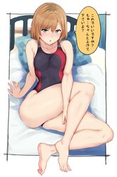  1girl alp barefoot bed black_swimsuit blue_eyes brown_hair commentary_request competition_swimsuit feet full_body highres looking_at_viewer miyamori_aoi one-piece_swimsuit pillow shirobako short_hair sitting solo swimsuit translation_request 