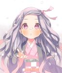  1girl blush checkered_obi cherry_blossoms fingernails grey_hair hair_ribbon hand_up haori japanese_clothes kamado_nezuko kimetsu_no_yaiba kimono kuga_tsukasa long_hair long_sleeves looking_at_viewer obi parted_lips pink_eyes pink_kimono pink_nails pink_ribbon ribbon sash solo upper_body 