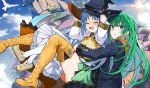  2girls aa-rance black_legwear blue_hair blush boots closed_eyes coat dress green_eyes green_hair hat highres long_hair long_sleeves looking_at_viewer masou_shizuka multiple_girls rance_(series) rance_10 reset_kalar sharp_teeth teeth thigh-highs thigh_boots thighhighs_under_boots witch_hat yellow_footwear yellow_legwear 