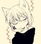  1girl animal_ears bangs bob_cut bra_strap cat_ears cat_girl closed_eyes closed_mouth facing_viewer haibara_ai head_tilt kemonomimi_mode long_sleeves lowres meitantei_conan naho_(pi988y) off_shoulder paw_print short_hair simple_background solo thinking upper_body v-shaped_eyebrows 