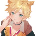  1boy aqua_eyes bangs blonde_hair blue_eyes blush cheek_pinching collarbone collared_shirt fingernails hand_on_another&#039;s_cheek hand_on_another&#039;s_face hood hood_down hoodie jacket jewelry kagamine_len looking_at_viewer neck_ribbon necklace out_of_frame parted_lips pinching portrait pov pov_hands project_sekai ribbon shade shinotarou_(nagunaguex) shirt simple_background solo_focus tearing_up tears vocaloid wavy_mouth white_background white_shirt 
