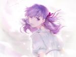  1girl fate/stay_night fate_(series) hair_ribbon looking_back matou_sakura purple_hair red_ribbon ribbon shirt smile smoke solo tomatika violet_eyes white_shirt 