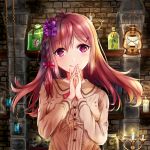  1girl artist_name bottle braid brown_hair brown_shirt candle candlestand chain eyeball flower hair_flower hair_ornament hairclip hands_up highres hourglass indoors lantern long_hair long_sleeves original shirt signature skull smile solo takasi.bingjun upper_body violet_eyes 